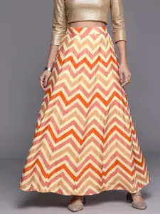 Libas Women Cream-Coloured & Orange Chevron Printed Ethnic Skirt