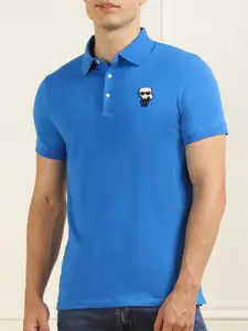 Karl Lagerfeld Men Blue Polo Collar Applique Cotton T-shirt