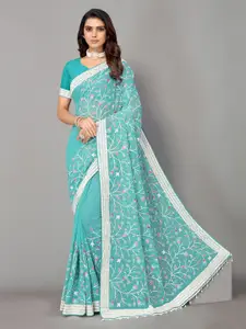 HRITIKA Blue & White Floral Embroidered Pure Georgette Saree