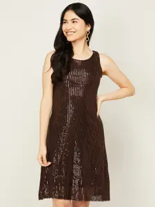 CODE by Lifestyle Brown Sequin Embellished A-Line Mini Dress