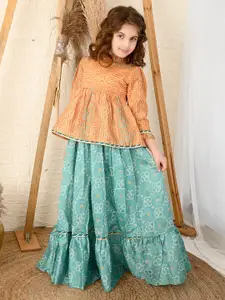 LilPicks Girls Yellow & Blue Printed Ready to Wear Lehenga Blouse