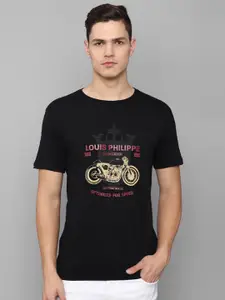 Louis Philippe Jeans Men Black Biker Printed Pure Cotton Slim Fit T-shirt