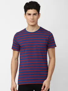Peter England Casuals Men Blue & Pink Striped Slim Fit T-shirt