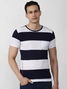 Peter England Casuals Men Black & White Striped Slim Fit T-shirt