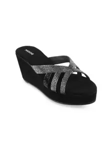 Mochi Black Embellished Party High-Top Wedge Heels