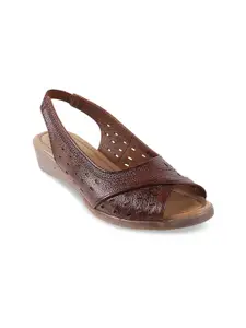 Mochi Rust Textured Leather Wedge Sandals with Laser Cuts