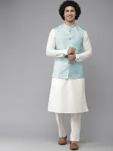 See Designs Men Turquoise Blue Woven Jacquard Nehru Jackets