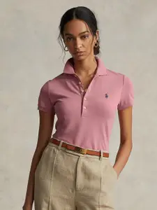 Polo Ralph Lauren Women Pink Polo Collar Slim Fit T-shirt