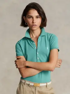 Polo Ralph Lauren Women Green Polo Collar Extended Sleeves Slim Fit T-shirt