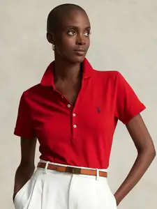 Polo Ralph Lauren Women Red Polo Collar Slim Fit T-shirt