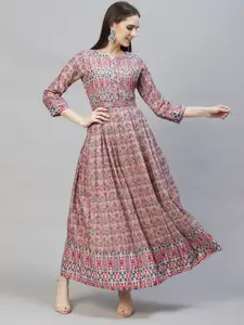 FASHOR Women Pink & Blue Ethnic Motifs Chanderi Silk Maxi Dress