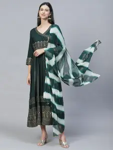 FASHOR Women Green & Gold-Toned Maxi Dress With Dupatta