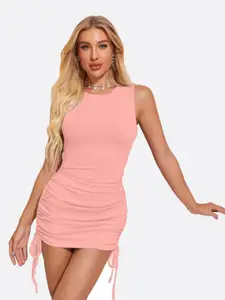 LONDON BELLY Peach-Coloured Ruched Bodycon Mini Dress