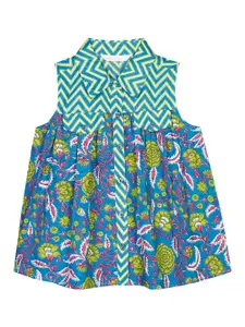 Budding Bees Girls Blue & Green Floral Print Shirt Style Top