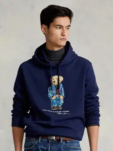Polo Ralph Lauren Men Navy Blue Printed Fleece Hooded Sweatshirt
