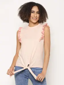 HOUSE OF KKARMA Pink Solid Ruffles Pure Cotton Top