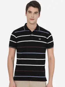 Greenfibre Men Black Cotton Striped Polo Collar Slim Fit T-shirt