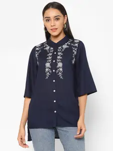 HOUSE OF KKARMA Navy Blue Floral Embroidered Mandarin Collar Shirt Style Top