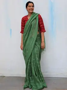Chidiyaa Green & Silver-Toned Striped Zari Pure Linen Saree