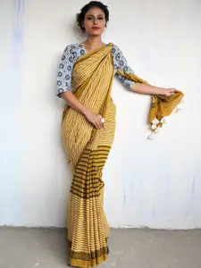 Chidiyaa Mustard & White Striped Pure Cotton Block Print Saree