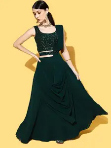 Ethnic Yard Green Embroidered Sequinned Semi-Stitched Lehenga & Unstitched Blouse With Dupatta