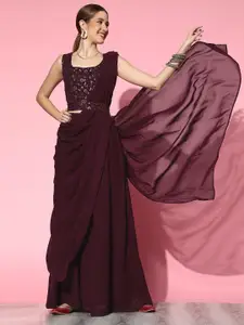 Ethnic Yard Maroon Embroidered Sequinned Semi-Stitched Lehenga & Unstitched Blouse With Dupatta