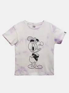 The Souled Store Girls White & Purple Cotton Donald Duck Tie and Dye Oversized T-shirt