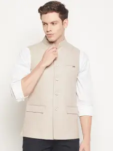 Spirit Men Camel Brown  Self Design Pure Wool Nehru Jacket