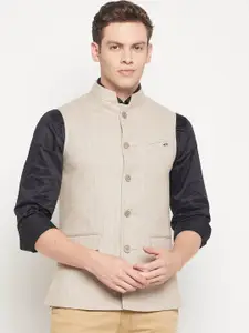 Spirit Men Camel Brown Woven-Design Pure Wool Nehru Jackets