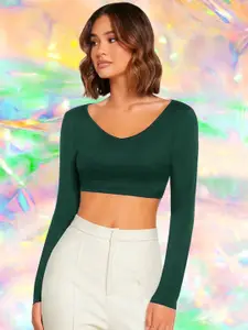 Dream Beauty Fashion Women Green Solid Crop Long Sleeves Top