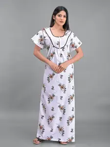 Apratim White Printed Maxi Pure Cotton Nightdress