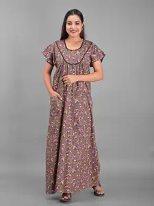 Apratim Brown Printed Maxi Pure Cotton Nightdress