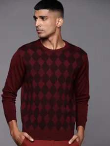 Raymond Men Maroon & Black Geometric Patterned Pullover