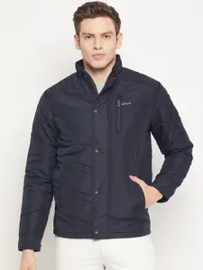 Spirit Men Navy Blue Solid Stand Collar Windcheater and Water Resistant Puffer Jacket