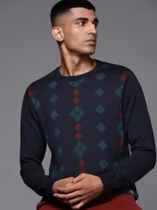Raymond Men Navy Blue & Maroon Geometric Patterned Pullover