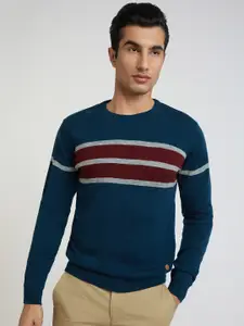 Raymond Men Teal Blue Striped Pullover