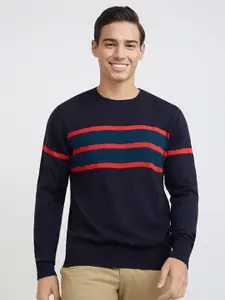Raymond Men Navy Blue & Red Striped Pullover
