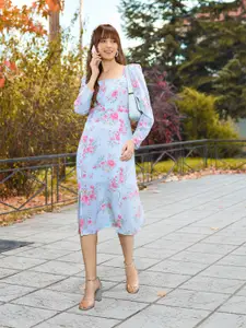 AND Blue & Pink Floral Printed A-Line Midi Dress