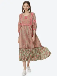 Rangriti Women Green & Pink Keyhole Neck A-Line Midi Dress