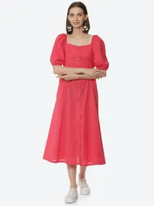 Rangriti Women Coral Puff Sleeves Midi Dress