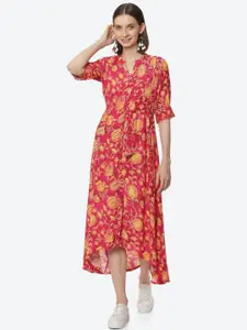 Rangriti Women Pink & Mustard Yellow Floral Midi Dress