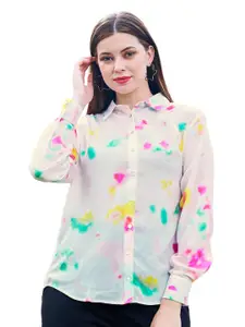 NEOFAA Women White Semi Sheer Printed Casual Shirt