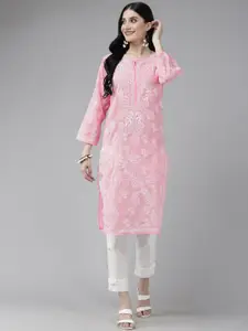 ADA Women Pink & White Ethnic Motifs Embroidered Chikankari Cotton Kurta