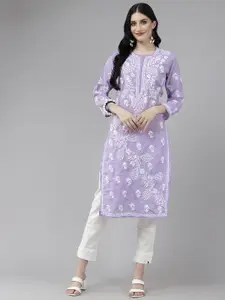 ADA Women Purple & White Ethnic Motifs Embroidered Chikankari Cotton Kurta