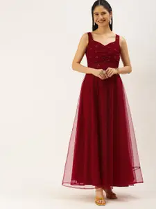 Ethnovog Maroon Sequined Detail Net Maxi Ethnic Dress