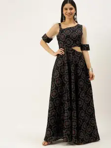 Ethnovog Black Silk Printed Cut-Out Design Ethnic Maxi Dress
