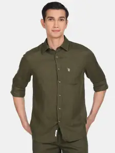 U.S. Polo Assn. U S Polo Assn Men Green Solid Linen Casual Shirt