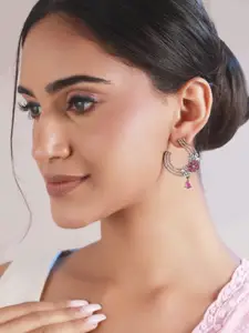 Priyaasi Contemporary Pink & Silver Plated Half Hoop Earrings