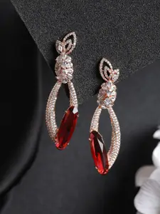 Priyaasi Red Rose Gold-Plated Leaf Shaped Drop Earrings