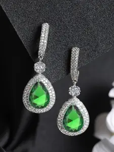 Priyaasi Silver-Plated & Green American Diamond Drop Earrings